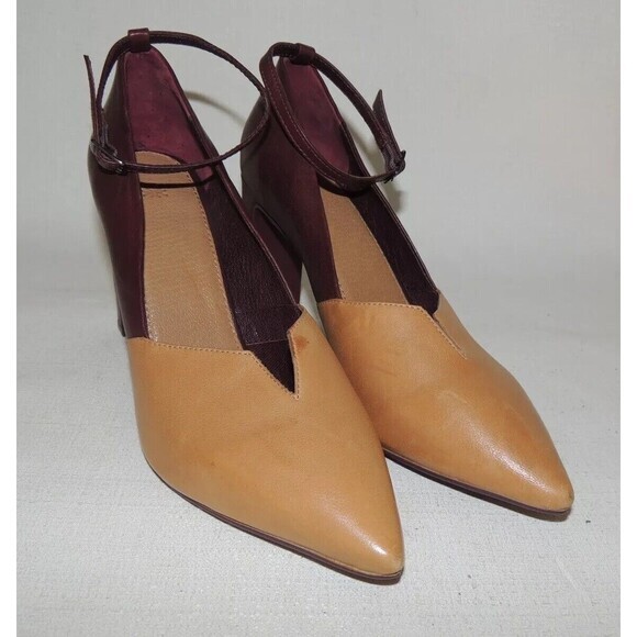 Benetton Ankle Strap Leather Burgundy Tan Block Heel EU40 US9-9.5 - Picture 1 of 7